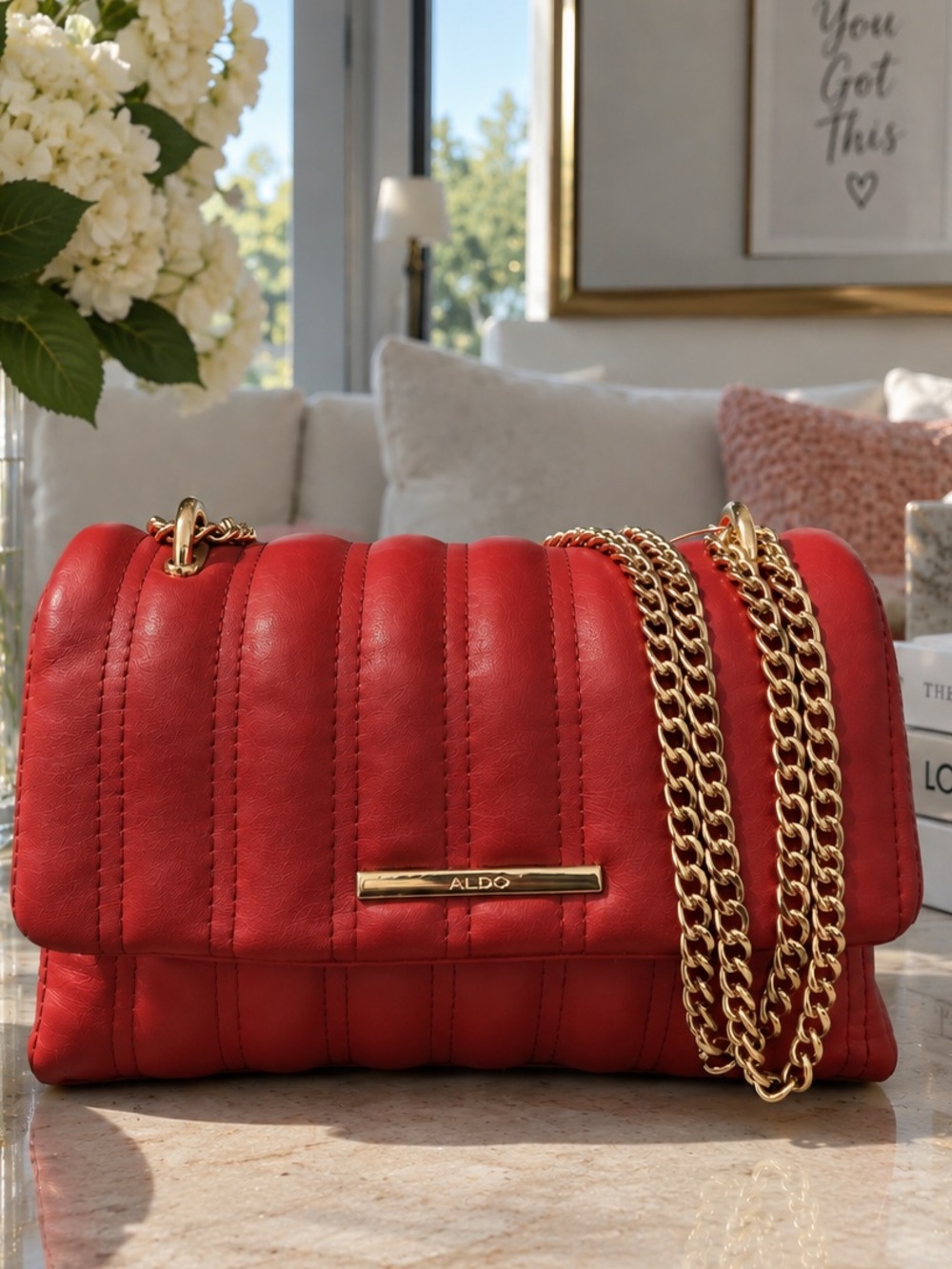 Aldo Red Quilted Shoulder/crossbody Bag with Gold Chain NWOT